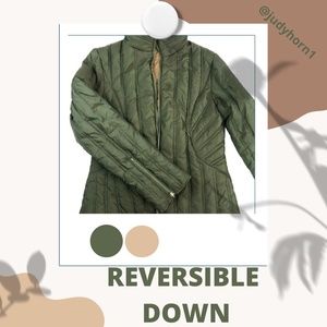 Anne Klein Sport Puffer Quilted Down Reversible | Green Beige | Zip Cuff Jacket